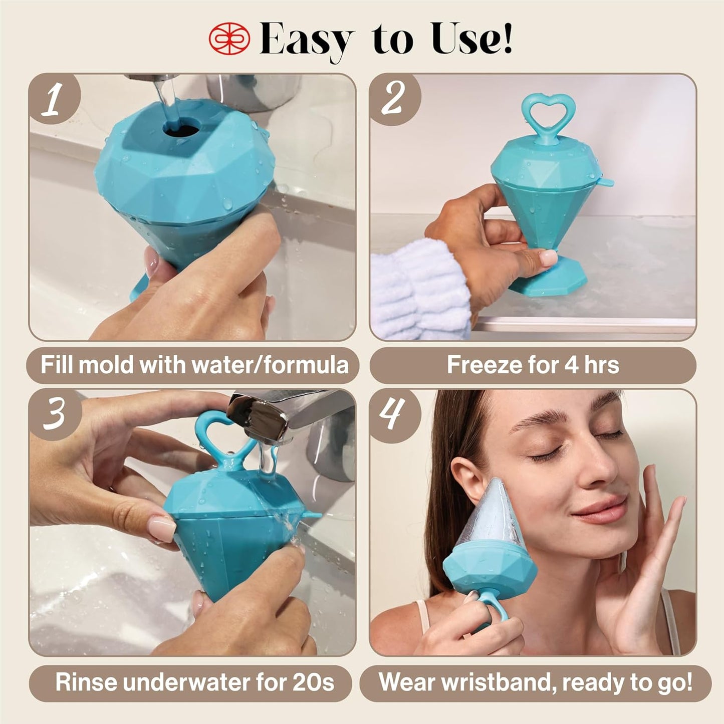 Rena Chris Ice Roller for Face: Diamond Ice Facial Roller, Reach Detailed Areas, De-Puff Eye Bags, Reusable Silicone Massage Ice Mold with Face Wash Wristband, Skin Care Tools for Women(Blue)