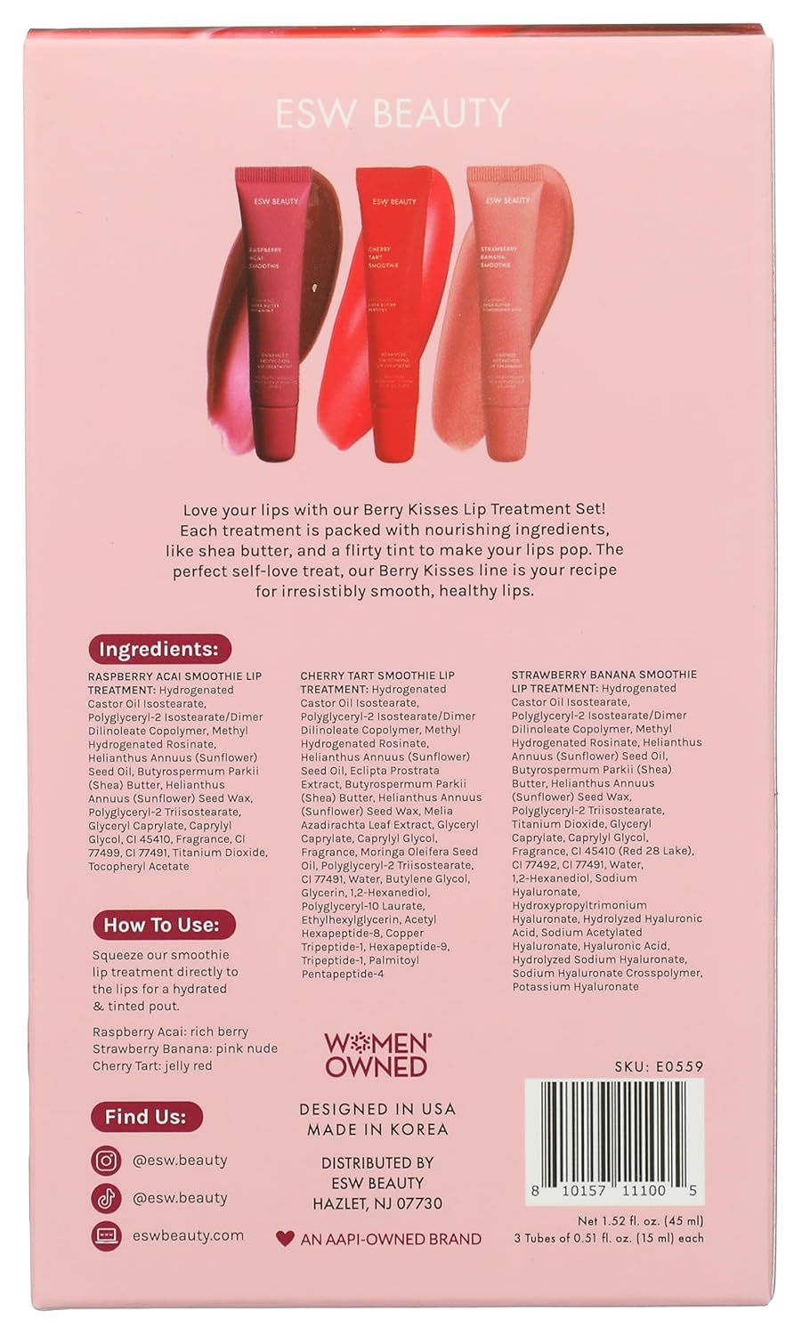 ESW Beauty Berry Kisses Lip Treatment Set – Raspberry Acai, Cherry Tart & Strawberry Banana – Hydrating, Smoothing & Protective Lip Gloss Set