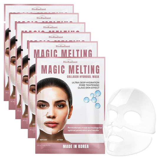 Magic Melting Face Mask - Collagen Ultra Hydrating Overnight Hydrogel Mask, Pore Minimizer For Face with Glass Skin Effect - Vegan, Clean Beauty, Made in Korea - Pack of 6