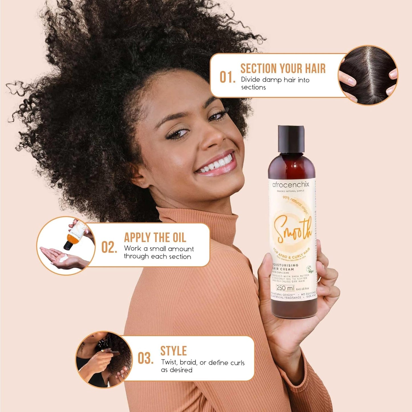 Afrocenchix Smooth Curl Cream – Natural Styling Cream for Afro & Curly Hair – Defines Curls, Adds Shine & Moisture – With Shea Butter, Coconut Oil & Aloe Vera – Vegan, 250ml (9oz)