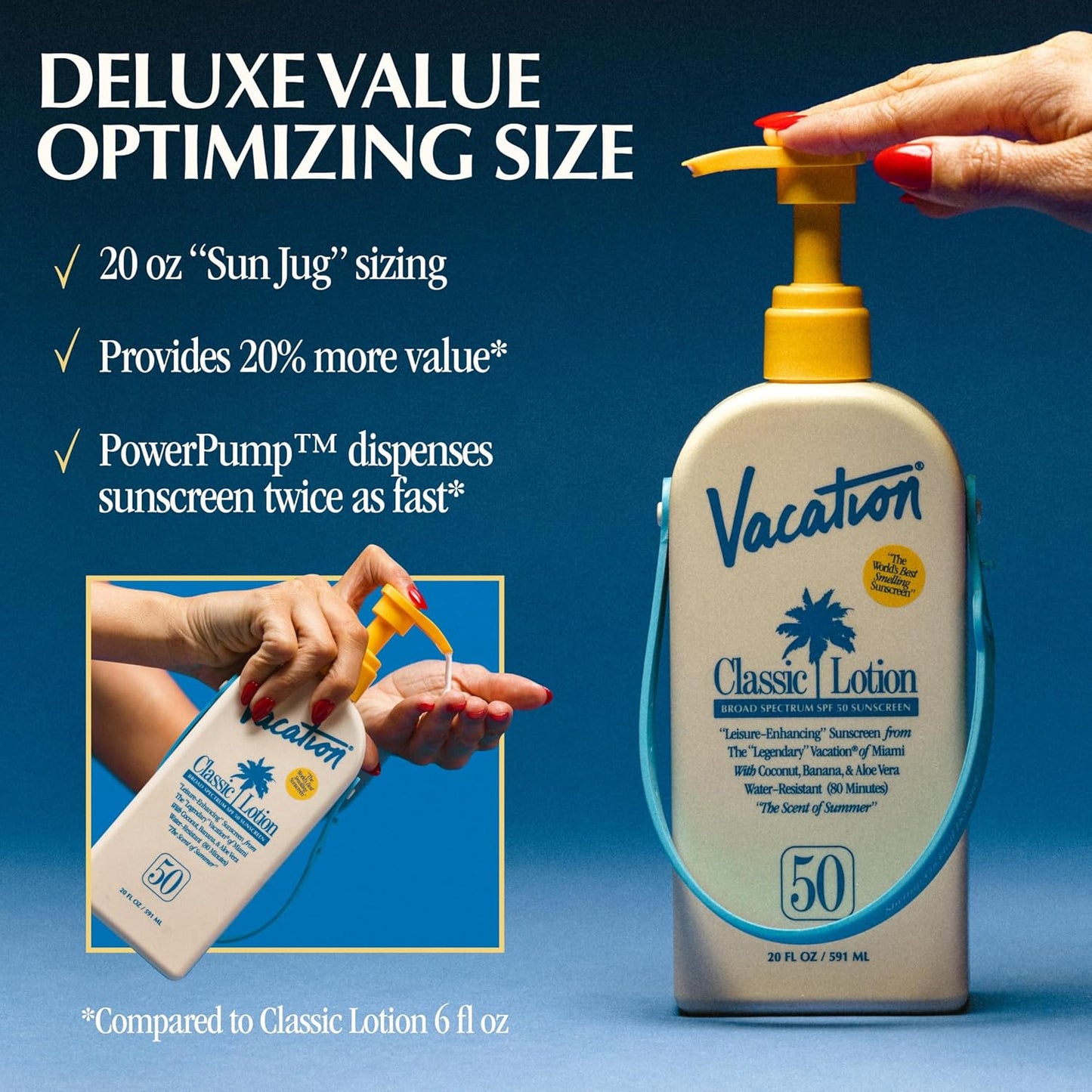 Vacation Classic Lotion SPF 50 Sun Jug, Broad Spectrum Bulk Sunscreen SPF 50, Water Resistant Sunblock, Suntan Lotion with Pump, Vegan, Family-Size, 20 Fl. Oz.