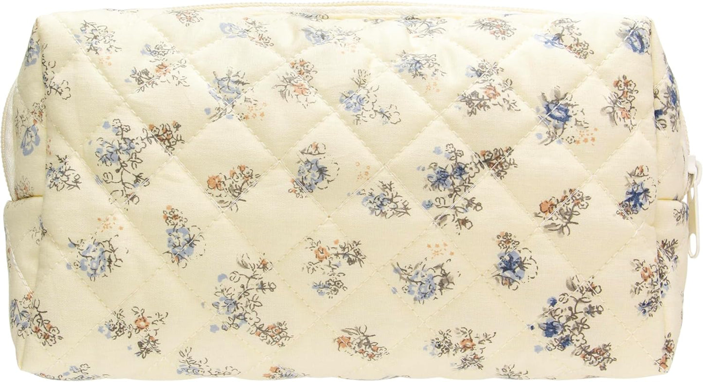 PAZIMIIK Vintage Quilted Makeup Bag Cosmetic Pouch for Brushes Pencils and Travel Make Up Accessories for Women and Girls Floral Blue