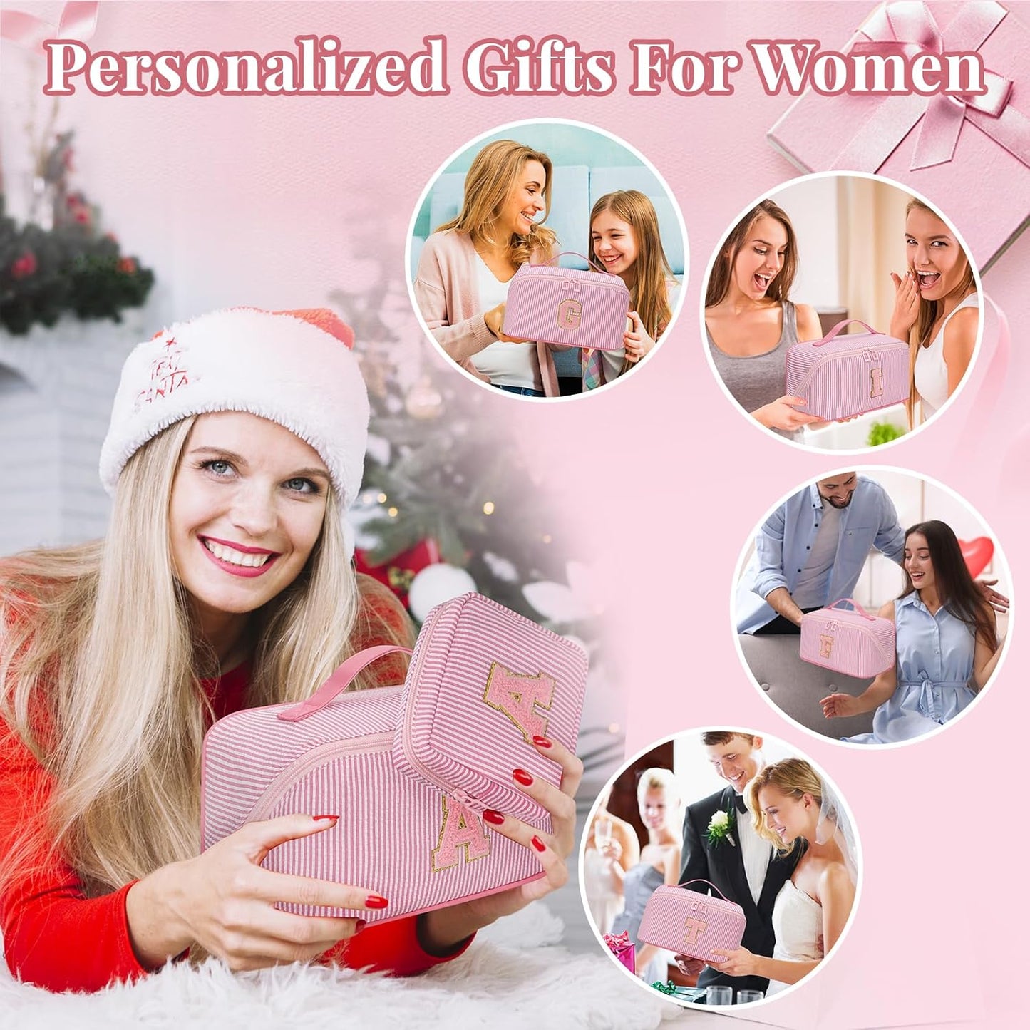 Travel Makeup Bag for Women, 2Pcs Portable Personalized Initial Makeup Organizer Bag, Open Flat Large Cosmetic Bag With Travel Essential Pouch (Pink Letter Y)