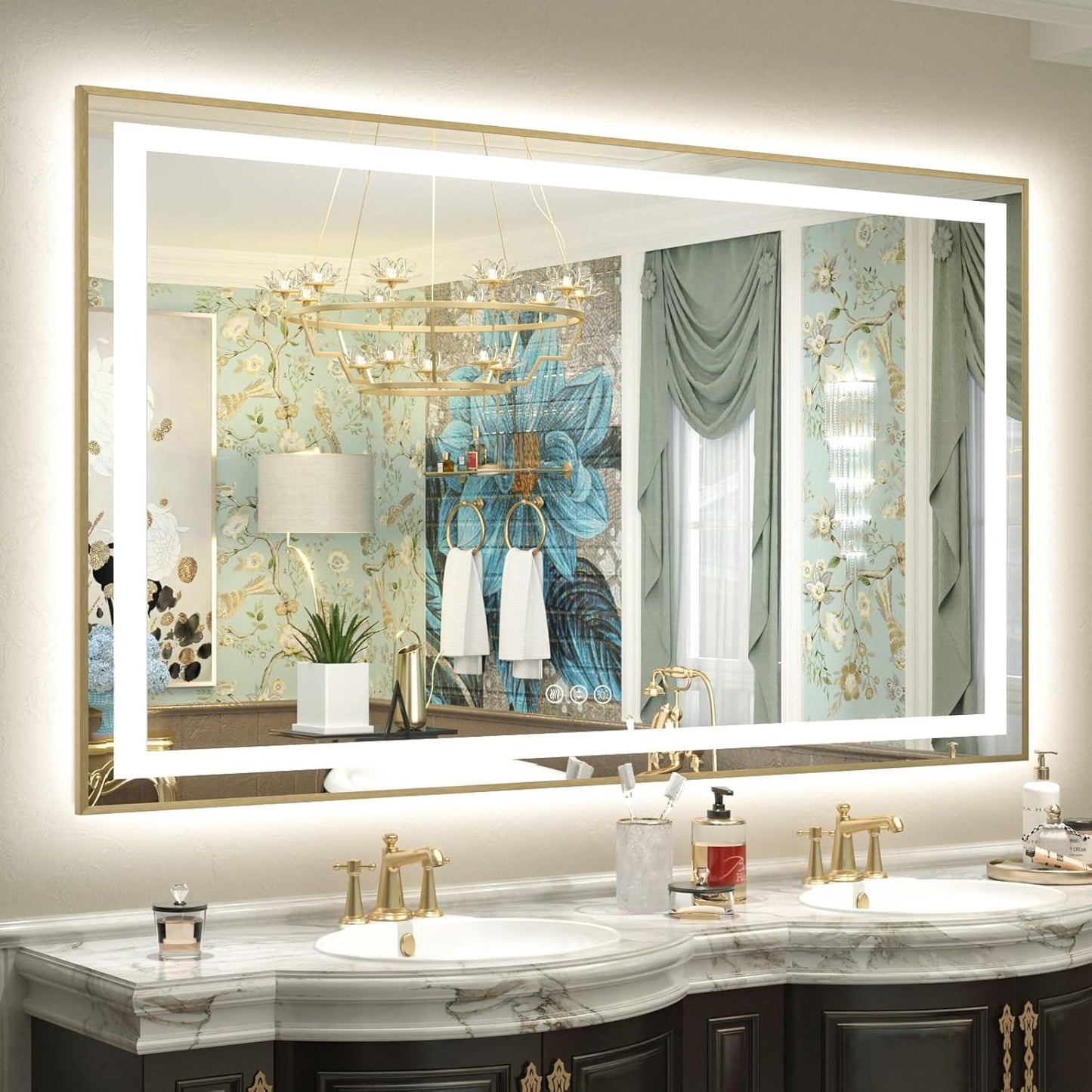 OKPAL 48x30 Gold LED Mirror for Bathroom with Frontlit & Backlit, Metal Framed Lighted Bathroom Mirror with Lights, Anti-Fog, Dimmable 3 Colors, Shatterproof, Horizontal/Vertical