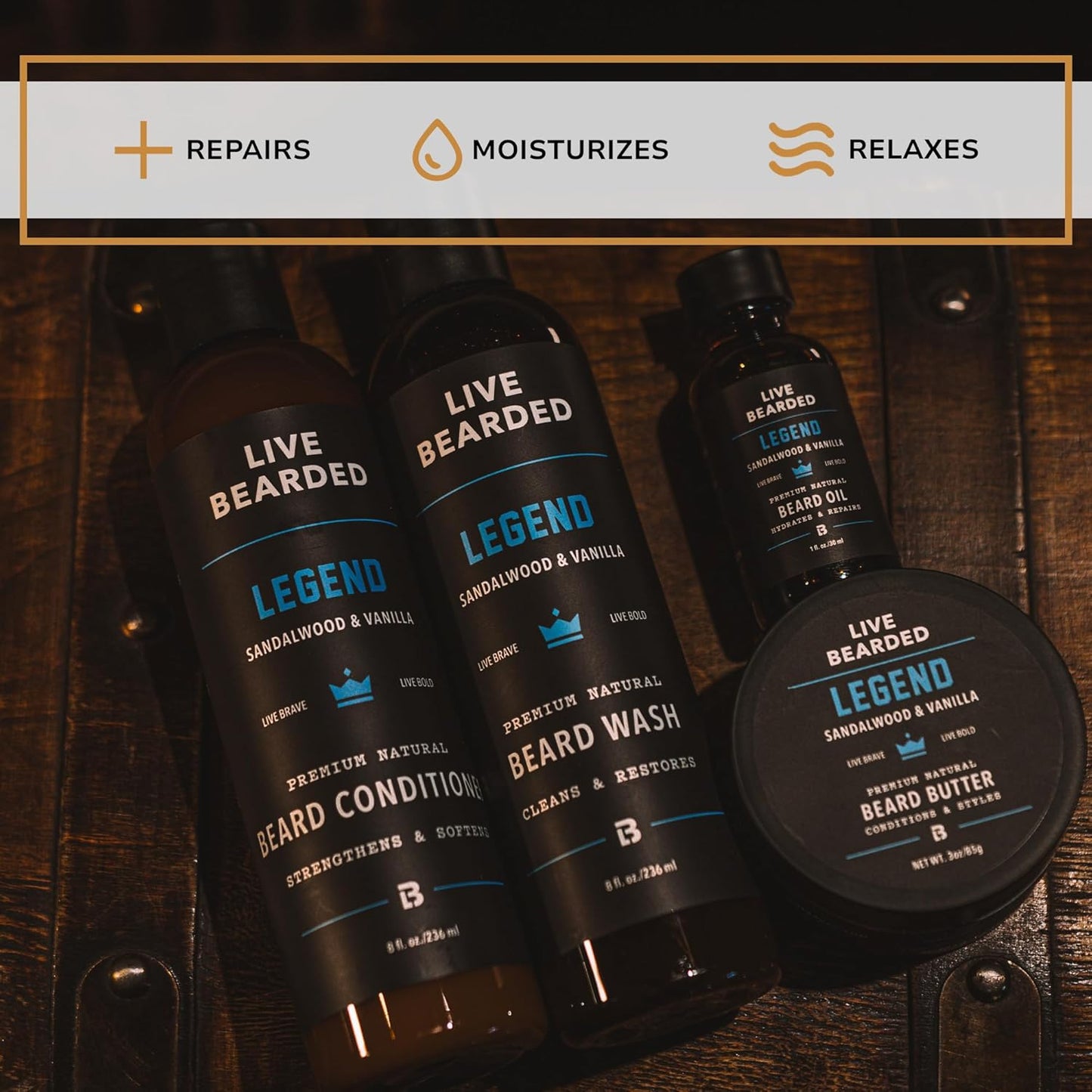 Live Bearded Complete Beard Grooming Kit - Wash, Conditioner, Butter and Oil - Made in the USA with All-Natural Ingredients - Mens Groom Set | Legend Scent - Sandalwood, Vanilla