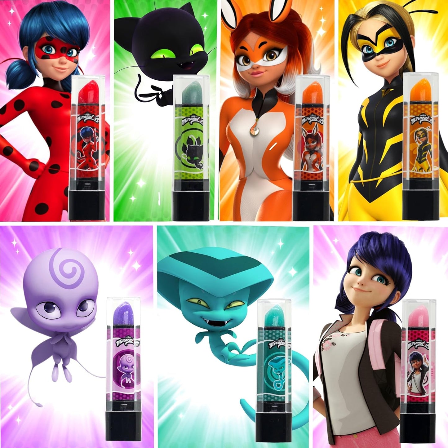 Miraculous Ladybug Cosmetic Lipstick Set - 7 Fruit Scented Color-Changing Lipsticks for Kids - Transforming Lipsticks Turn Pink - Magic Lipsticks Gift Set - Safe & Fun Makeup Kit