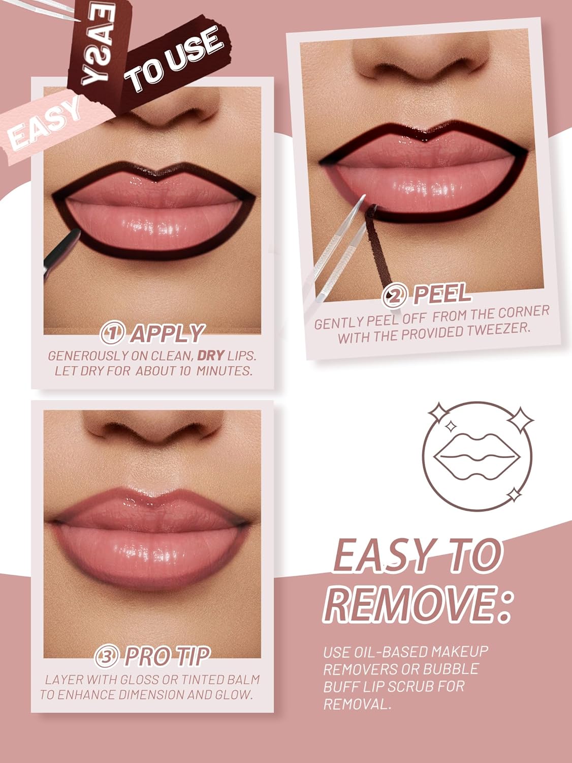 Lip Stain Peel Off Lip Liner Stain with Tweezer, Long Lasting Matte Lip Tint Tattoo, Highly Pigmented Color Lip Makeup, Waterproof Lipstick, Transfer-proof Lipstain for Women, Red