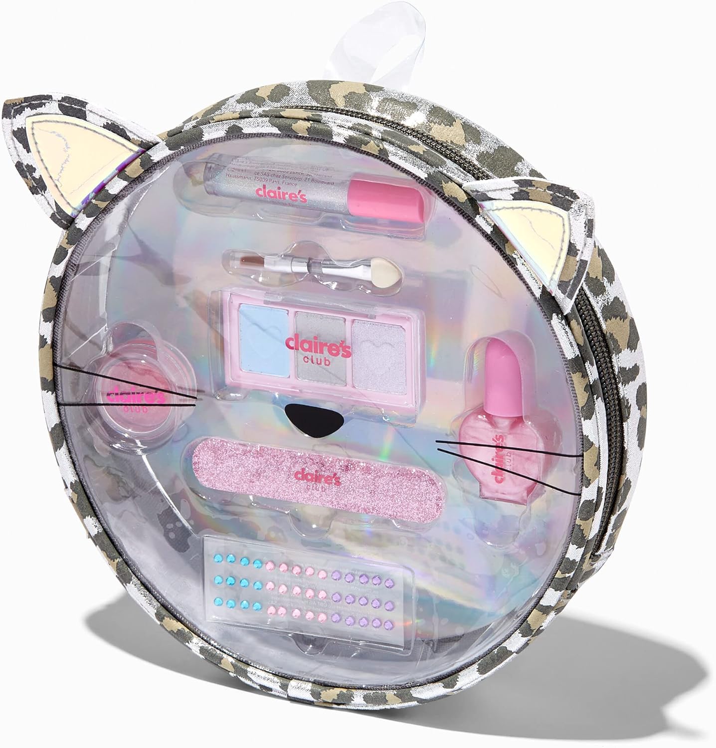 Claire's Accessories Snow Leopard Cosmetic Makeup Kit for Girls which includes Eye Shadows, Lip Gloss, Nails and More
