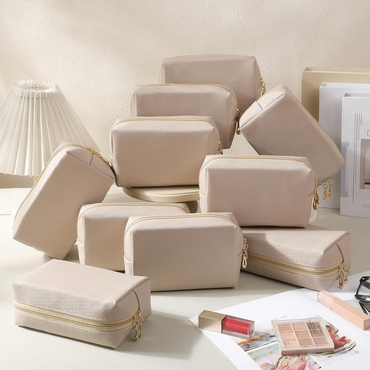 Kigeli 15 Pcs Aesthetic Makeup Bags PU Leather Cosmetic Pouches Waterproof Plain Toiletry Bags Makeup Pouches Bulk for Women Party Gift Travel Storage Organizer (Apricot Color)