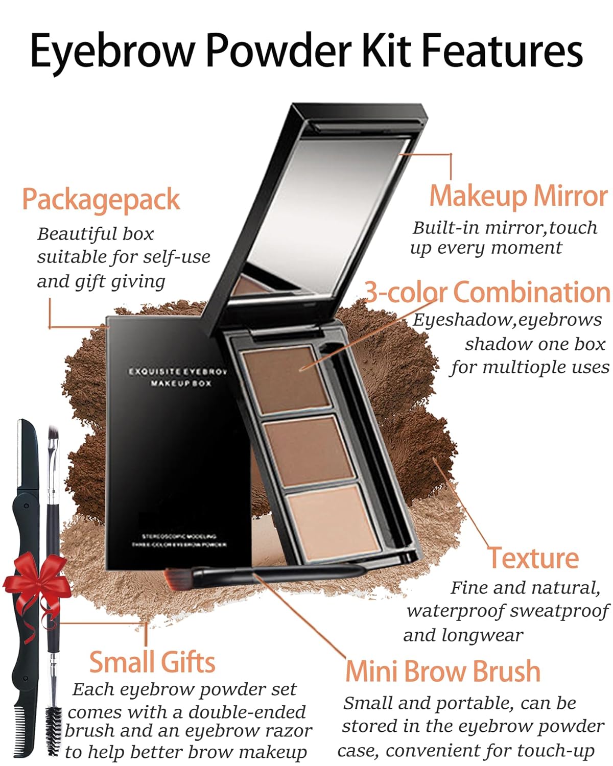 Eyebrow Powder Makeup Kit-3 Colors Eye Brow Powder Palette Long-Lasting Waterproof, Black Brown Series Brow Powder, Fill & Sculpt Full Eyebrows for Women, With Mirror, Brow Brush & Razor-Set 01