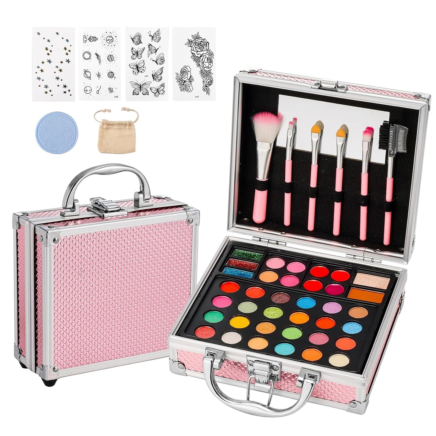 Anpro All-In-One Makeup Carry Case with Pro Teen Makeup Set, Full Starter Cosmetics Kit with Makeup Brushes, Eye Shadows Palette, Blushes, Glitter Gel, Temporary Tattoo Stickers - Blue