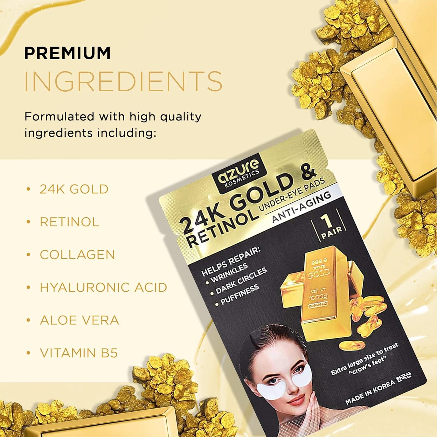 AZURE 24K Gold & Retinol Anti Aging Under Eye Patches - Firming, Restoring & Deeply Hydrating Eye Mask - Reduces Fine Lines, Wrinkles, Dark Circles & Puffiness - Skin Care Made in Korea - 5 Pairs
