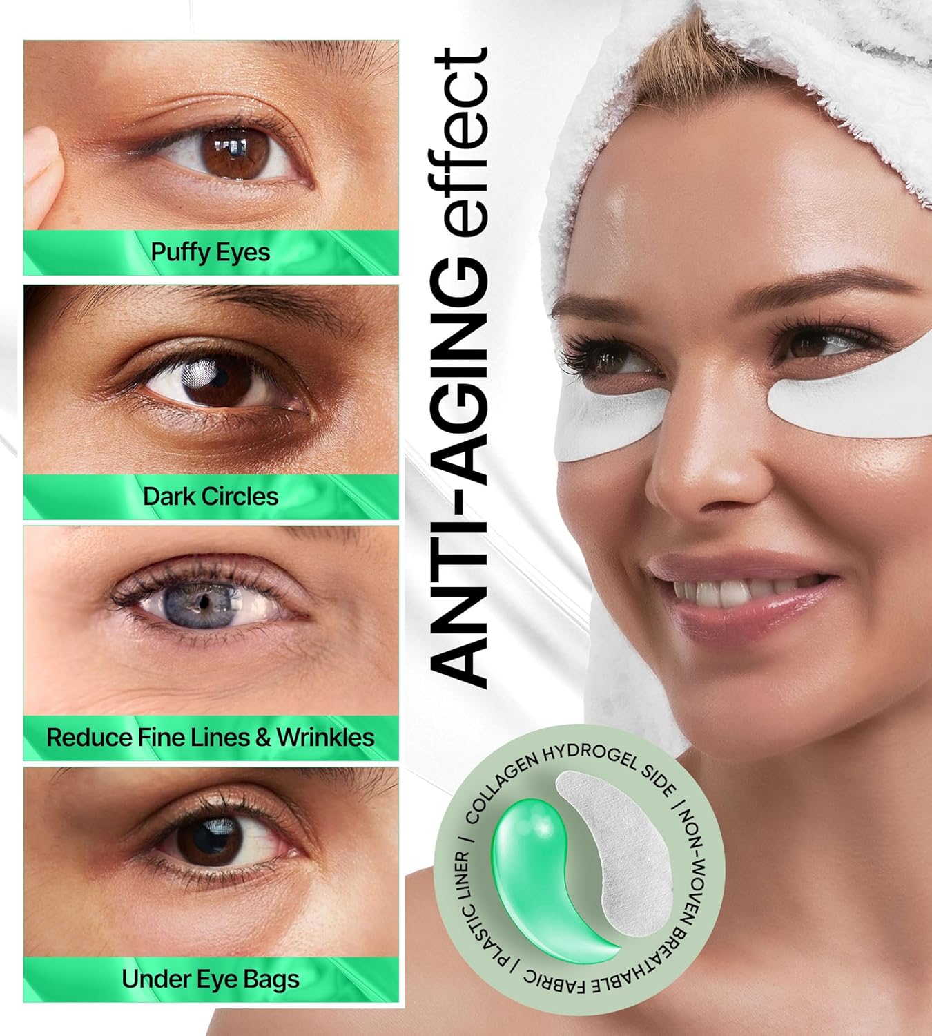Under Eye Patches for Dark Circles, Puffiness 5 PAIRS - Dark Circles Under Eye Treatment - Under Eye Mask Gel - Under Eye Gel Patches for Puffy Eyes - Green Tea, Collagen Eye Patches - Under Eye Pads
