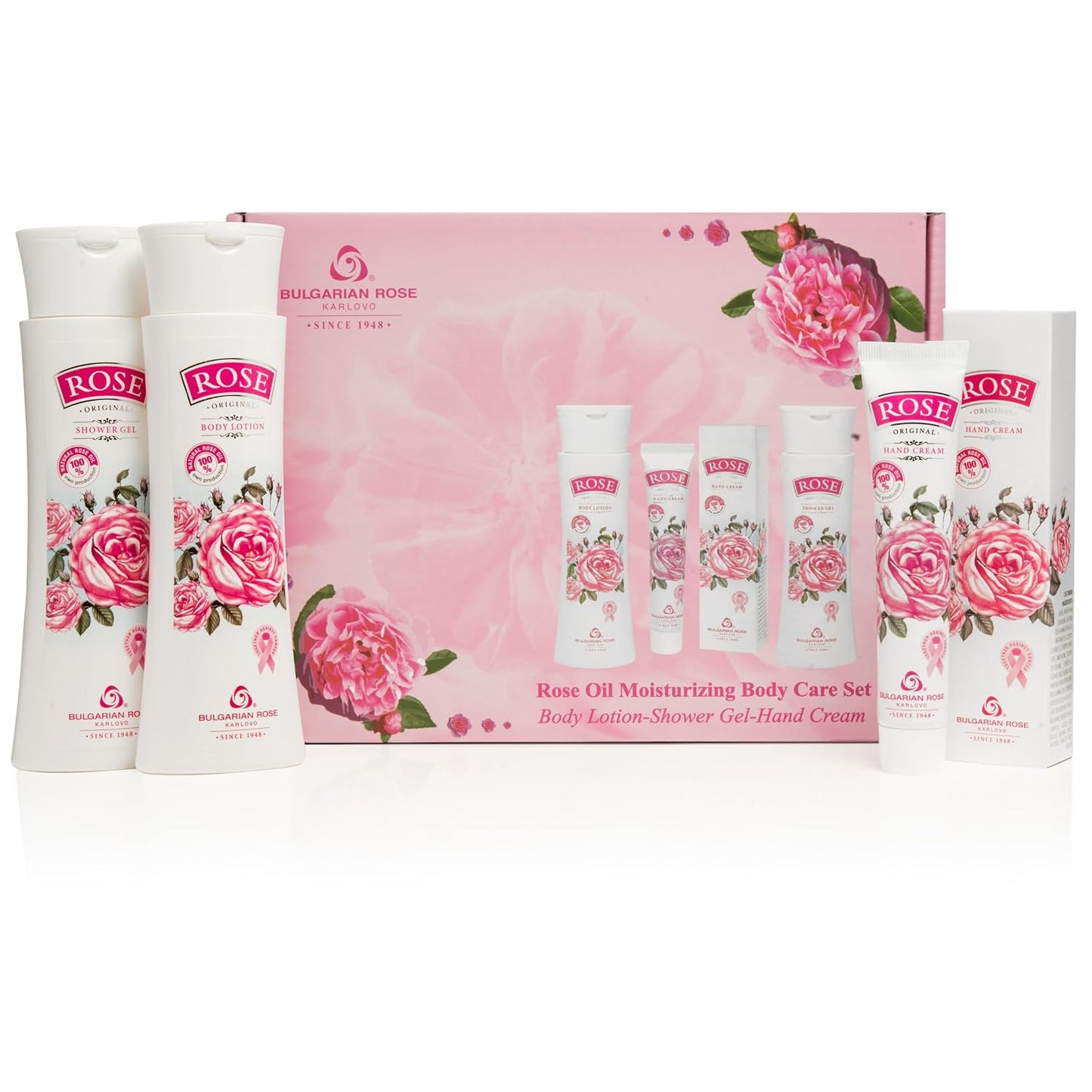 Bulgarian Rose Oil Moisturizing Body Care 3 Piece Gift Set - Natural Rose Body Lotion, Natural Rose Body Wash, Natural Rose Hand Cream