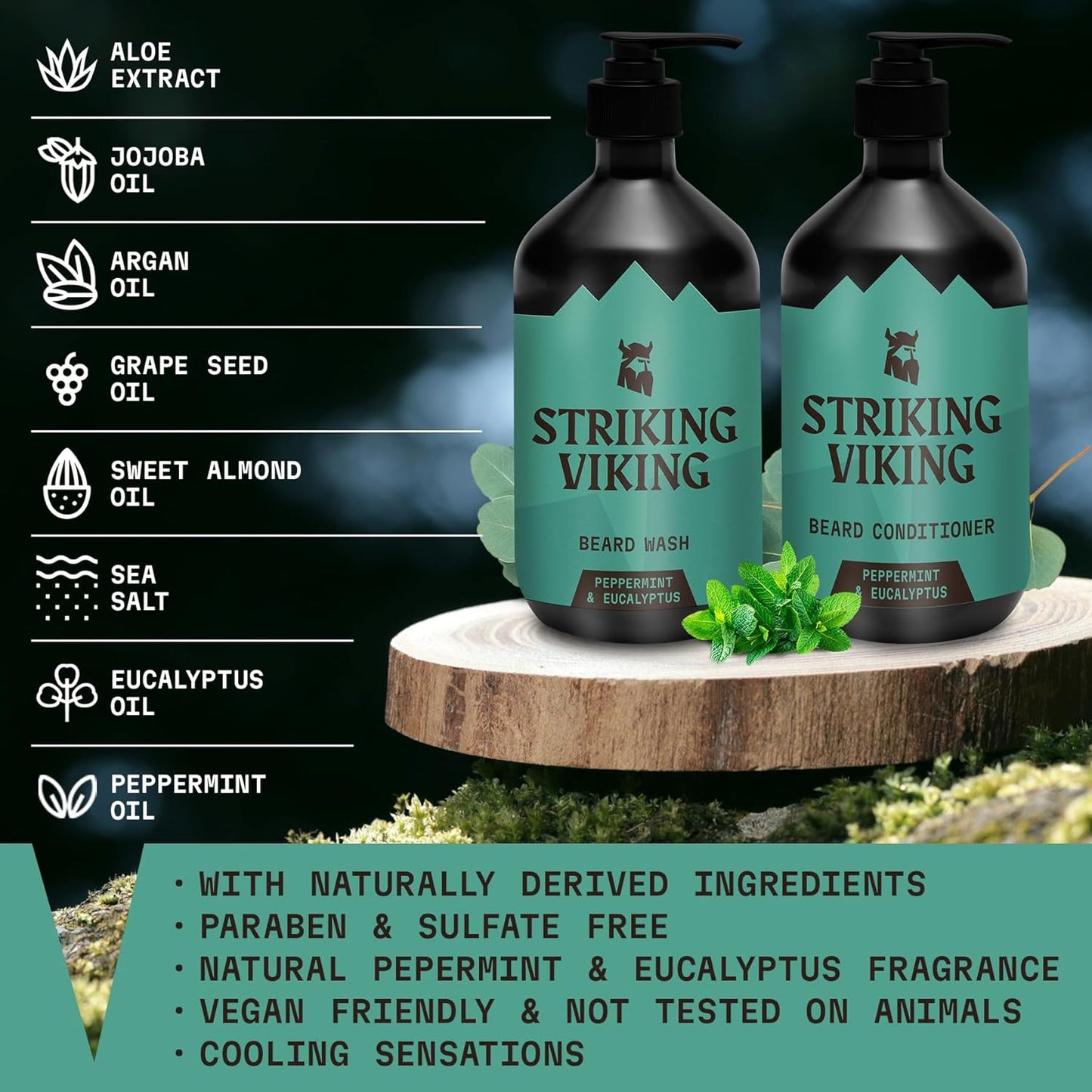 Striking Viking Beard Wash and Conditioner - 10 Fl Oz per Bottle, Peppermint & Eucalyptus - Paraben & Sulfate Free, with Jojoba Oil - Deep Clean Beard Shampoo & Conditioner - All Facial Hair Types
