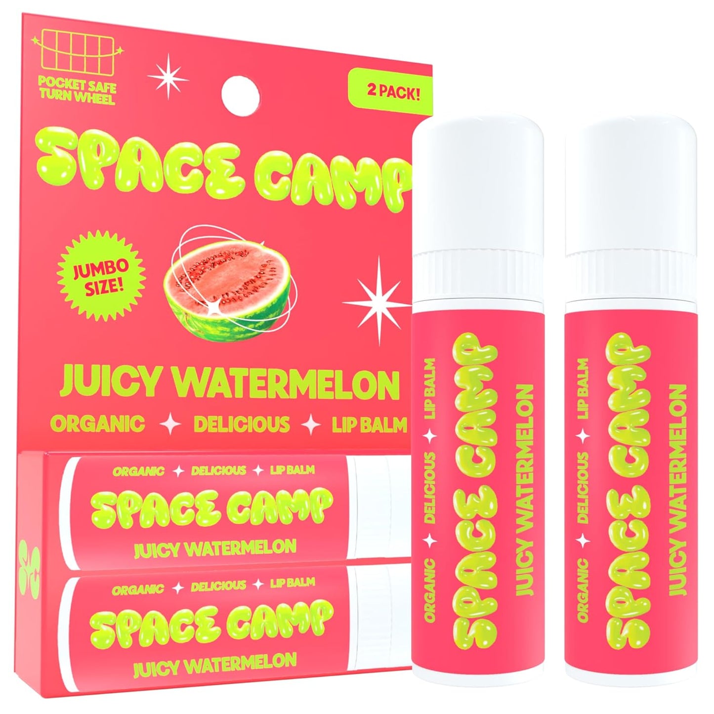 Space Camp Wellness Jumbo Lip Balm - Juicy Watermelon Organic Flavored Balm (2 Pack)