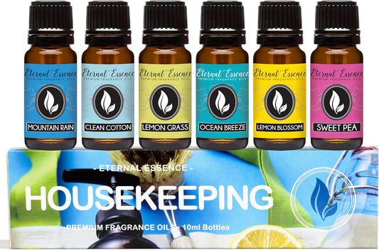 Eternal Essence Oils Housekeeping Set of 6 Premium Fragrance Oils - Includes Clean Cotton, Lemon Blossom, Lemon Grass, Sweet Pea, Ocean Breeze and Mountain Rain Scented Oils - 10ML