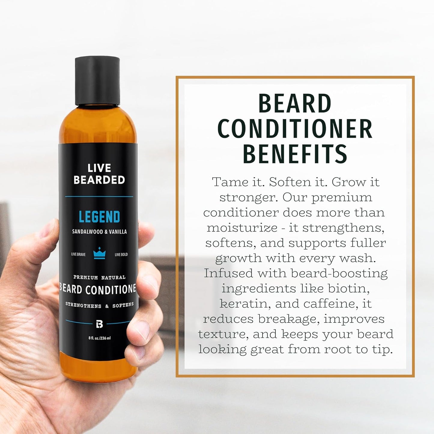 Live Bearded Beard Conditioner, 8 fl oz - Strengthens and Softens Facial Hair - Made in the USA - All-Natural Ingredients with Biotin, Caffeine | Legend Scent - Sandalwood, Vanilla