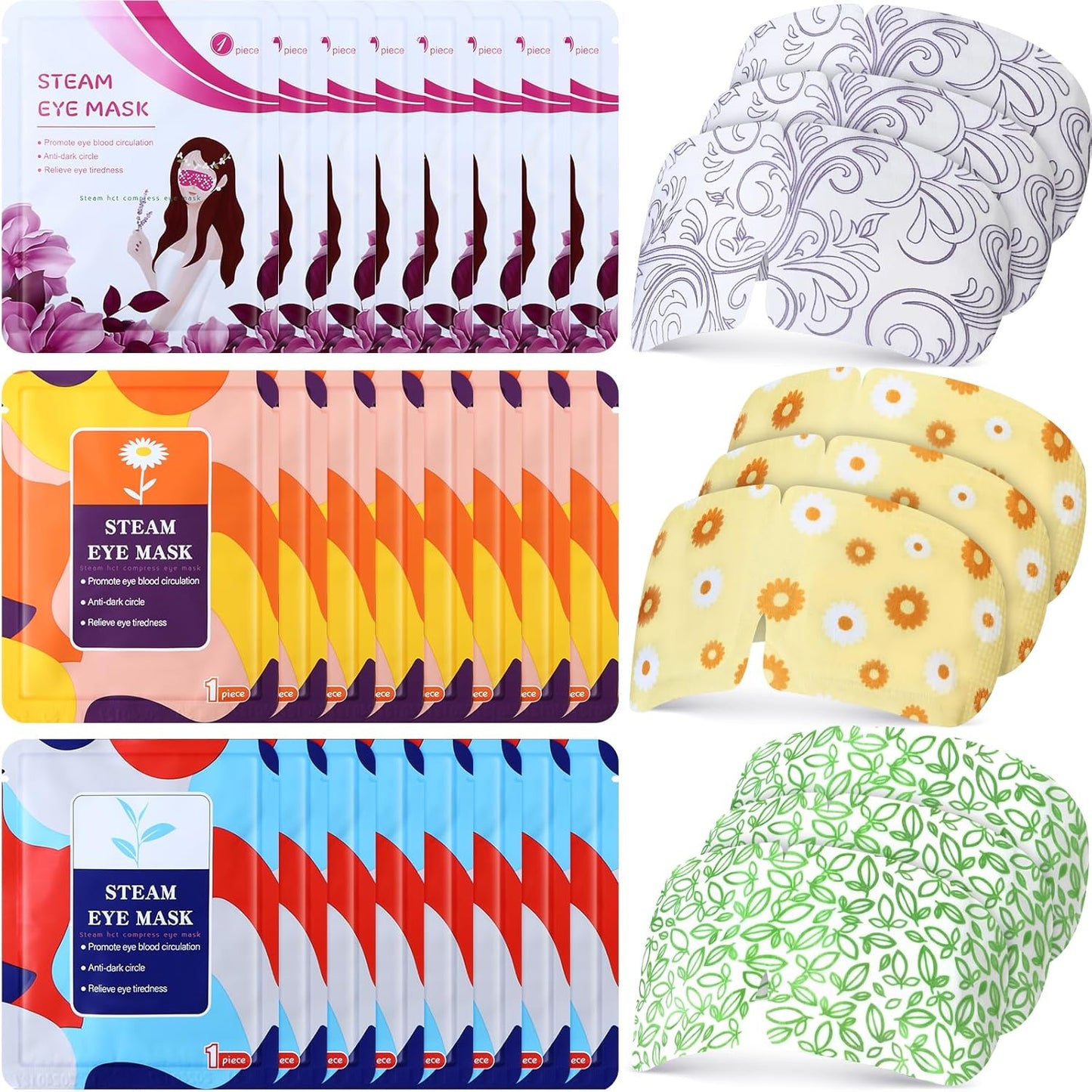 24 Packs Steam Eye Mask Disposable Self Heating Eye Mask for Dry Eyes Spa Warm Sleep Eye Mask for Home Office Travel Eyestrain Relieve (Unscented, Lavender, Chamomile)