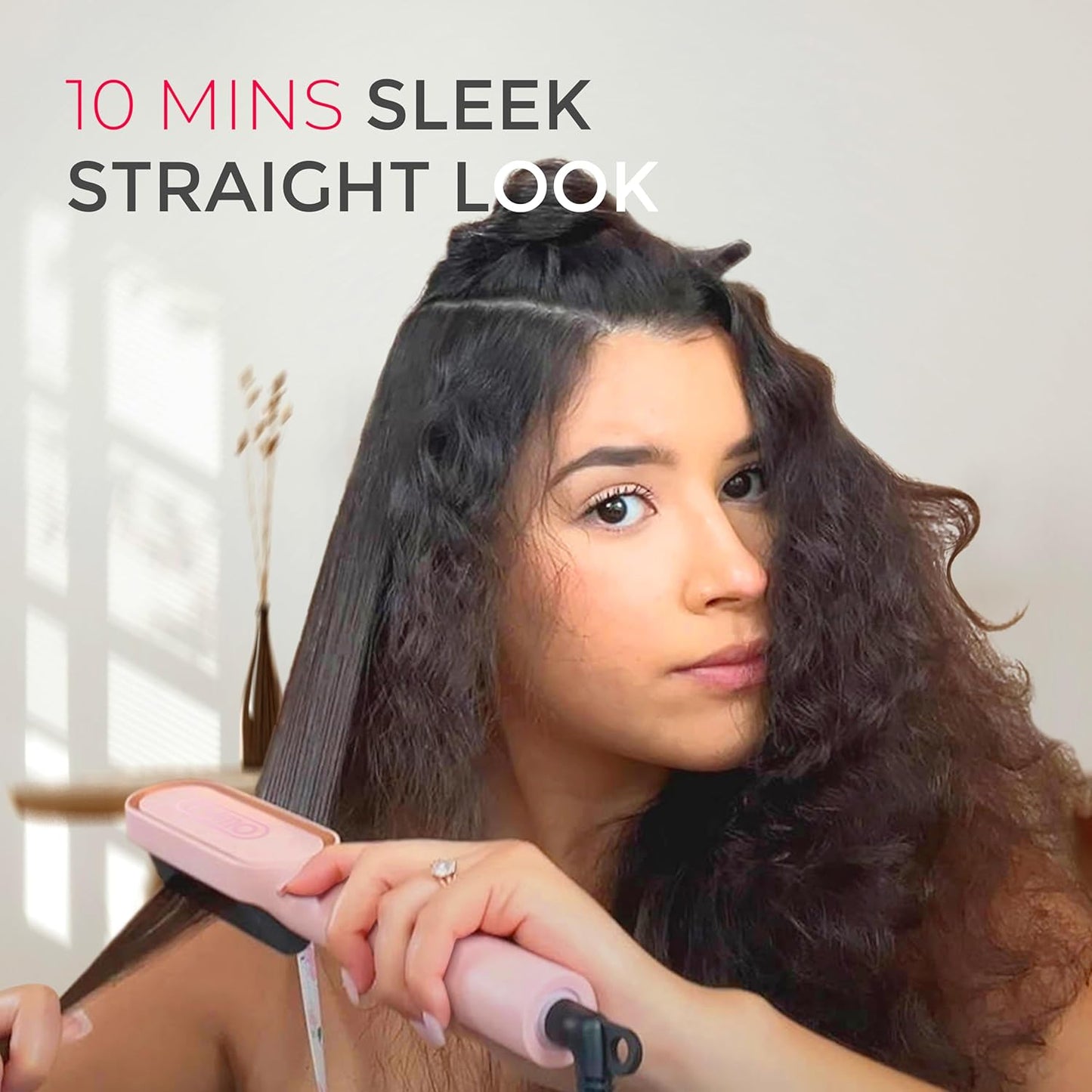 Hair Straightener Brush, TYMO Ring Hair Straightener Comb Straightening Brush for Women with 5 Temps 20s Fast Heating & Dual Voltage, Pink