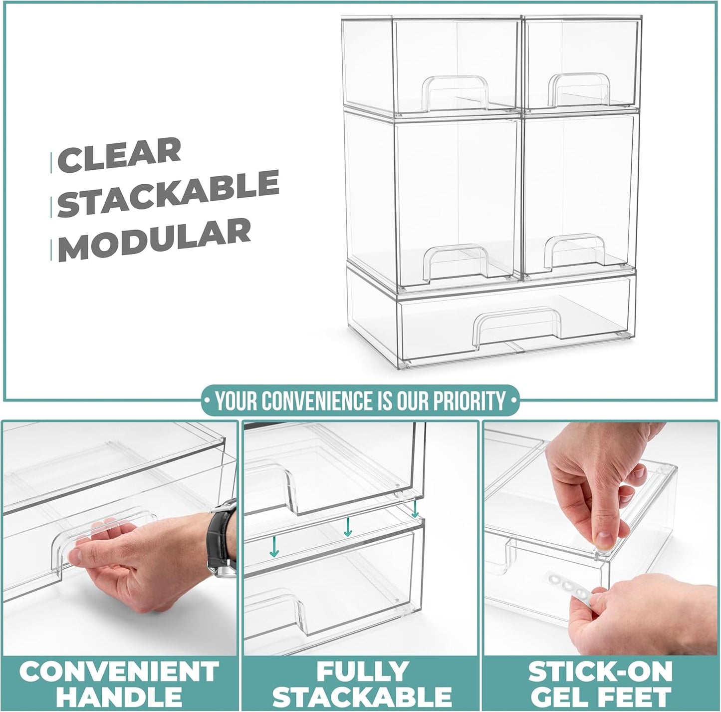Sorbus Acrylic Storage Containers - 5 Pack, Stackable Storage Bins Set for Bathroom Organization - Clear Acrylic Drawer Organizers - Makeup Case Pull-Out Drawers (7.6’’ and 4.4’’ Tall and 12.1’’ Wide)