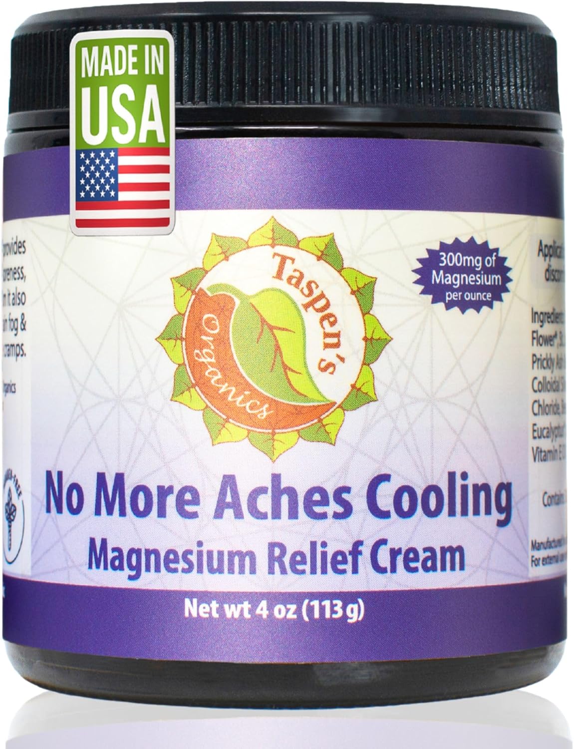Taspen's Organics Magnesium No More Aches Cooling Cream - Muscle Relief- Sore Muscles & Post-Workout Recovery - Natural Comfort for Tension & Cramps - Made in USA (4 oz)