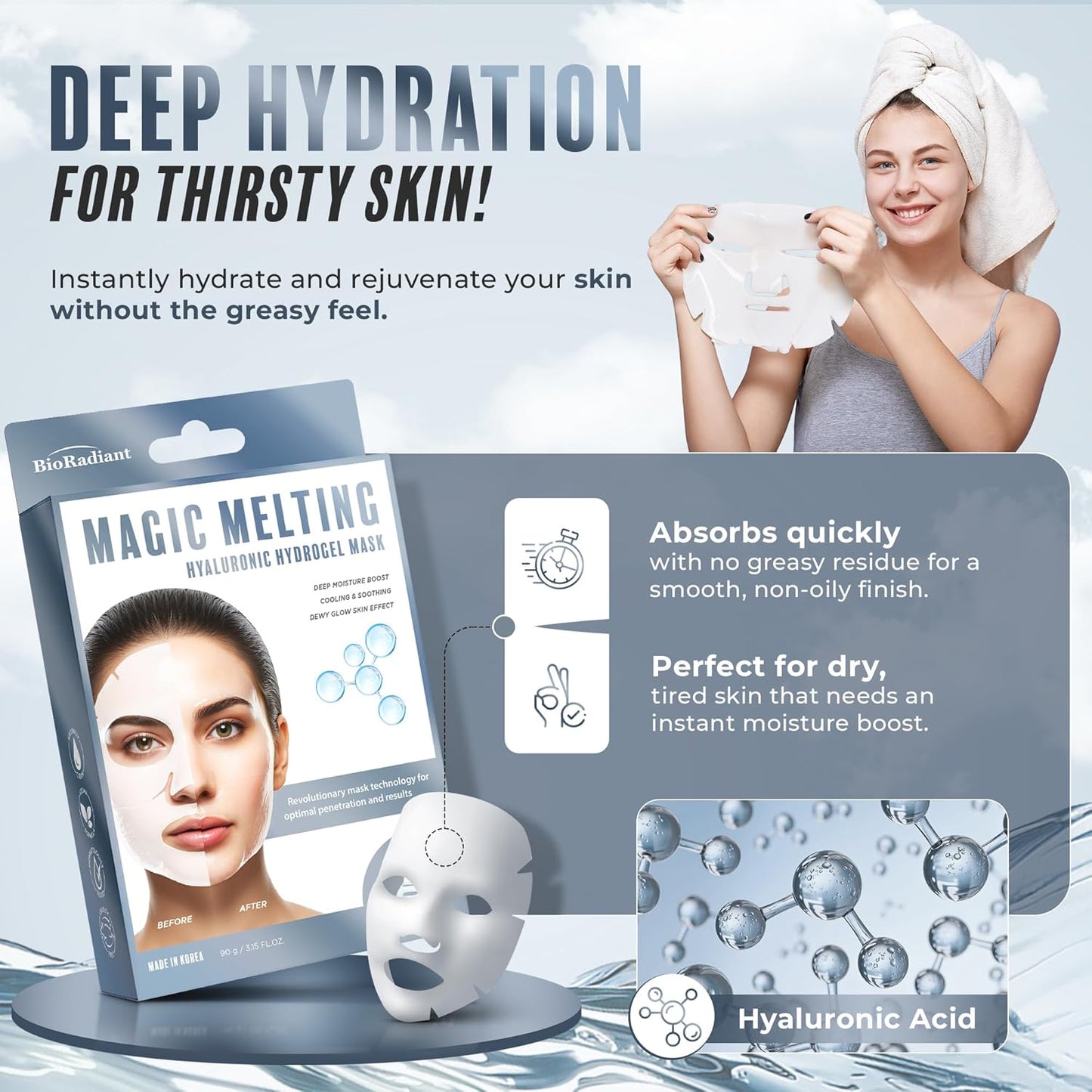 Magic Melting Overnight Face Mask - Hyaluronic Acid Ultra Hydrating Hydrogel Mask - Cooling & Soothing - Rejuvenating Facial Mask w/Dewy Skin Effect - Clean Beauty Made in Korea - 6 Pack