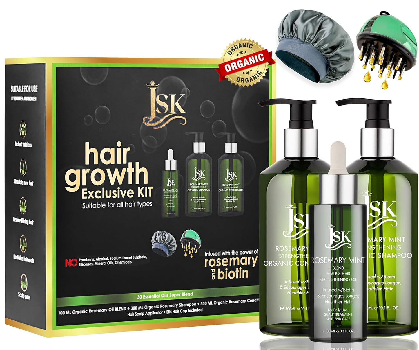 JSK Hair Growth Shampoo & Conditioner Set Biotin & Rosemary for Thinning Hair, DHT Blockers, Hair Care Kit for Men & Women, Includes Scalp Massager & Bonnet, Sulphate-Free Thickening & Moisturizing