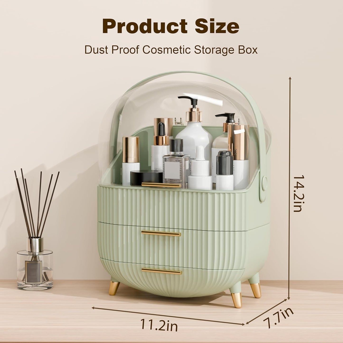 Makeup Organizers and Storage, Make up Organizer for Vanity Cosmetics Skincare Organizers With Lid and Drawers Display Cases for Countertop（Light Green）