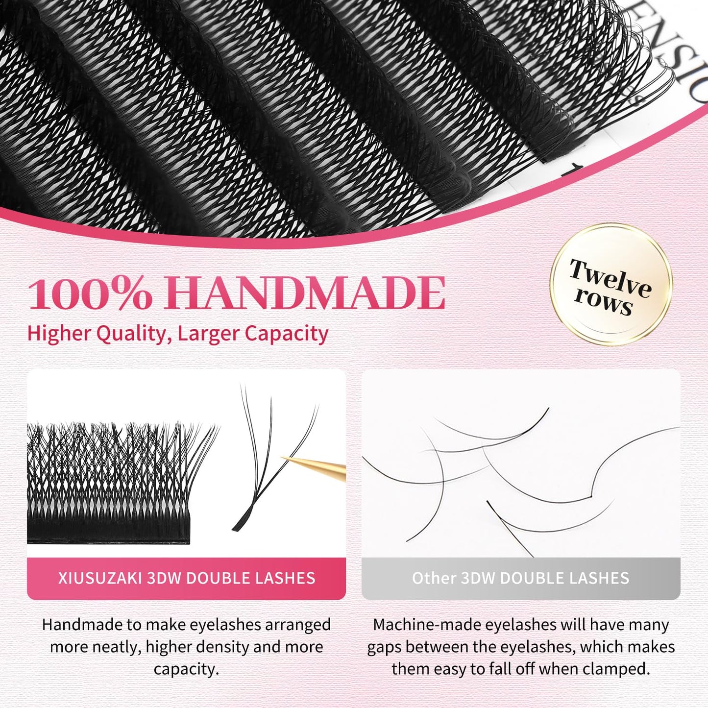Lash Extensions Double Tips 3D Eyelash Extensions W Shape 0.07mm Thickness C Curl 11mm Premade Fans Easy Fan Volume Matte Black Crisscross Eyelashes(W-3D-Double Tips-0.07-C,11mm)