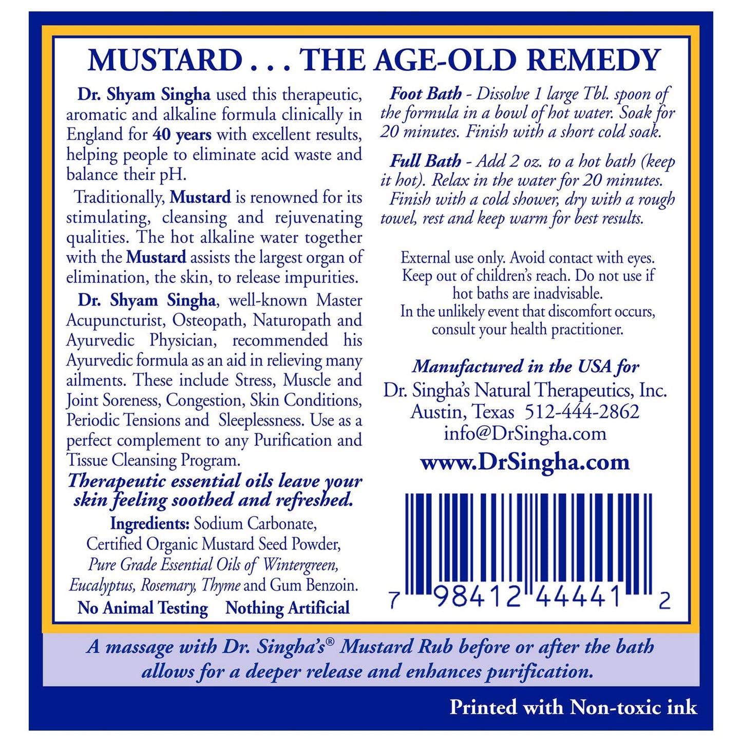 Dr. Singha's Mustard Bath, Therapeutic Bath Salts, 2 Oz