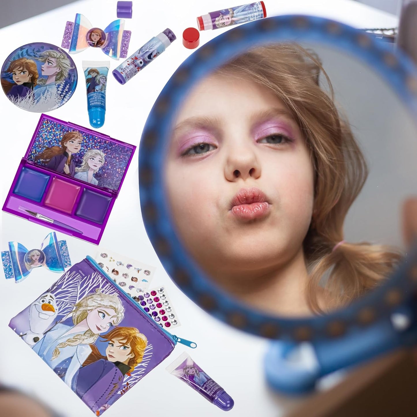 Disney Frozen - Townley Girl Super Sparkly Cosmetic Beauty Makeup Set For Girls with Clips, Lip Gloss, Nail Stickers, Lip Balm, Nail Gems and Mirror For Parties, Sleepovers & Makeovers