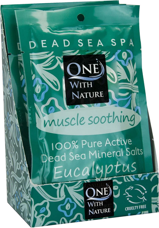 One With Nature 100% Pure Dead Sea Salt for Bath Eucalyptus, 2.5oz 6Pack. Dead Sea Salt is high in 21 Essential Minerals, Such as Magnesium, Sulfur, Zinc, Potassium. Skin Nourishing and Therapeutic.