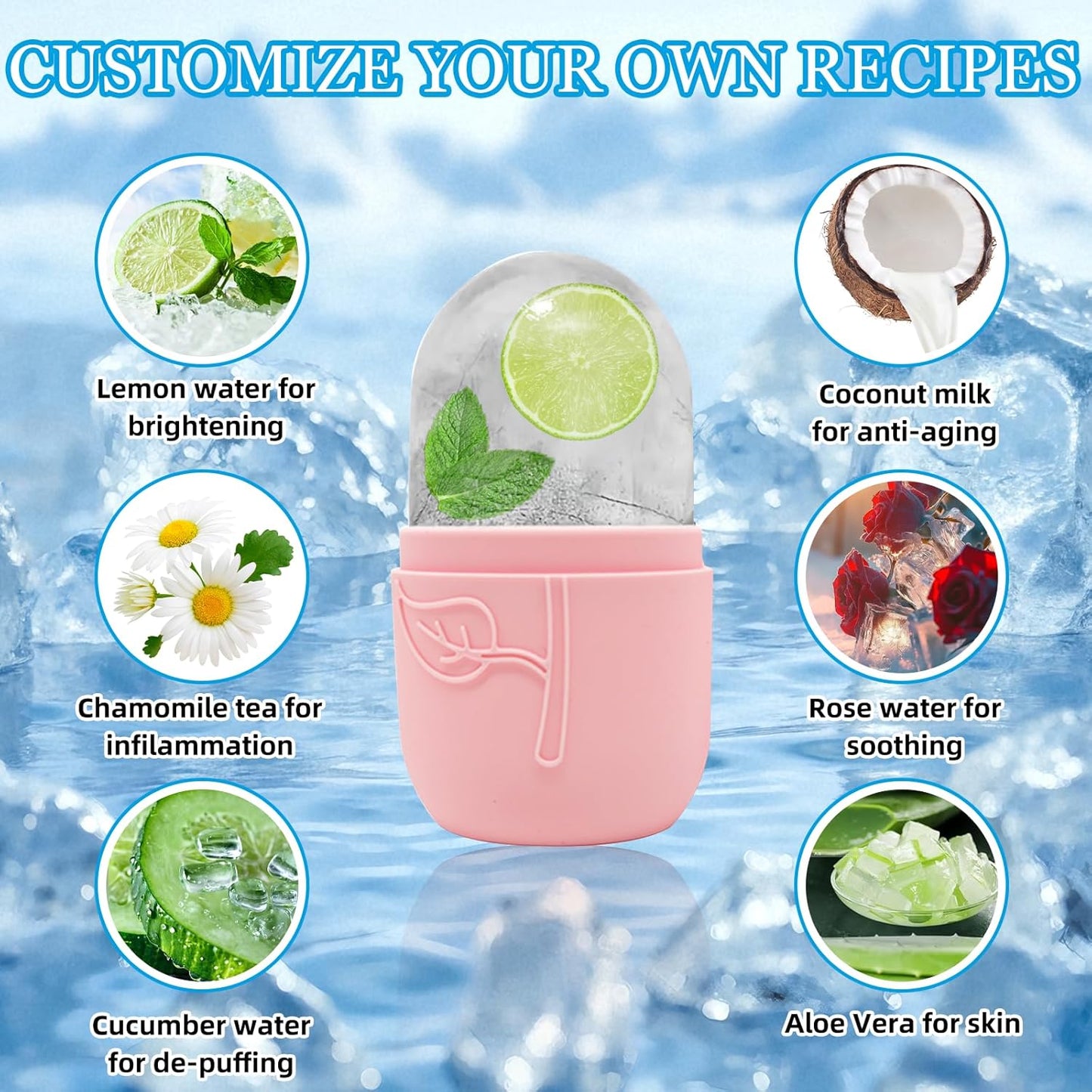 Ice Face Roller Massager for Face, Reusable Silicone Ice Cube Mold, Facial Beauty Ice Roller, Reduce Puffiness and Dark Circles, Minimize Pores & Improve Skin Texture (Pink)