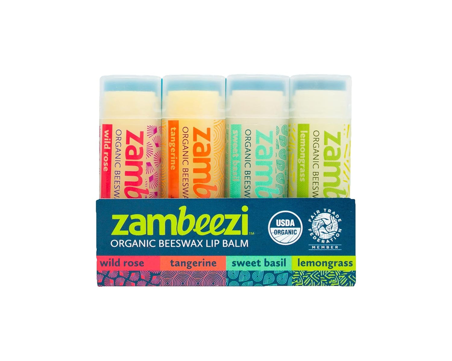 Fair Trade, Organic Beeswax Lip Balm - CORE 4 Pack (Wild Rose, Tangerine, Sweet Basil and Lemongrass) - Ethically Sourced