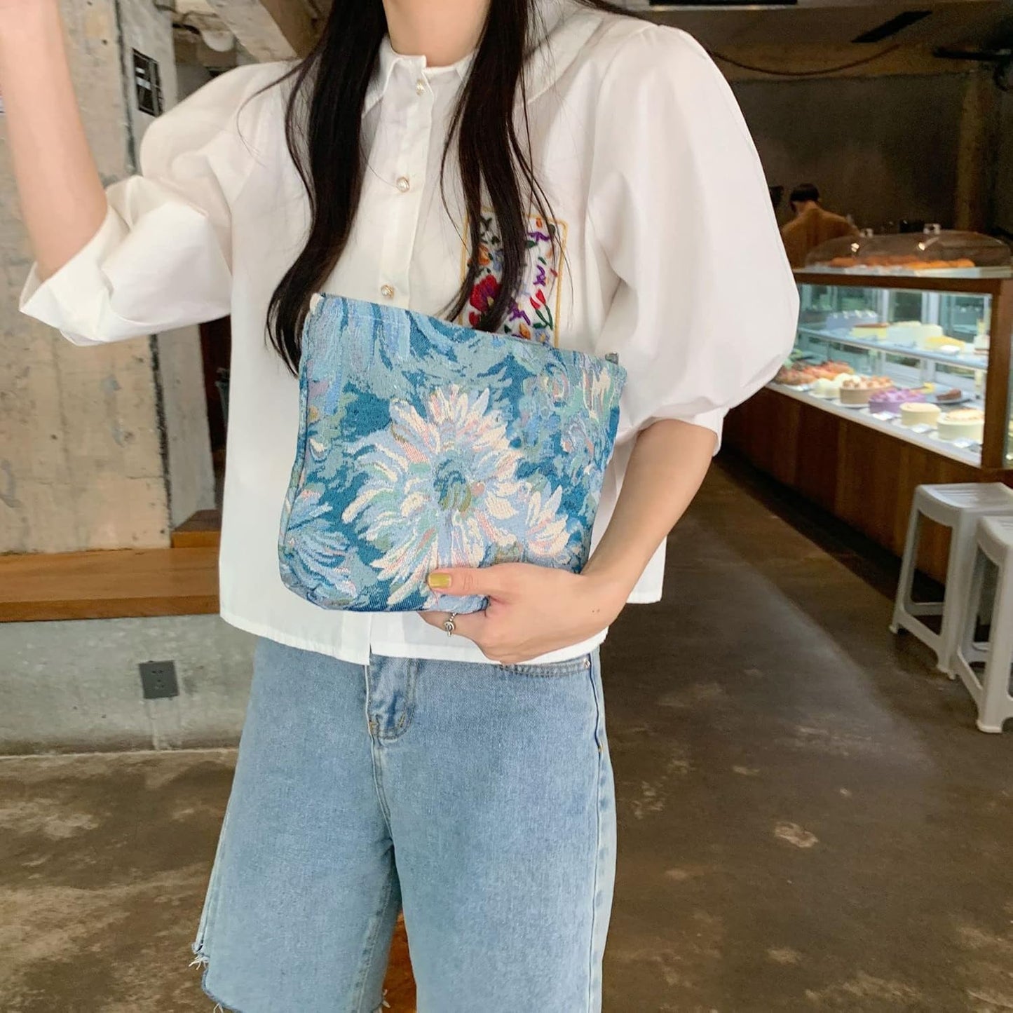 Makeup Bags for Purse Zipper Cosmetic Pouch Large Travel Canvas Make Up Organizer Tool Pouch for Women and Girls,Flower Blue