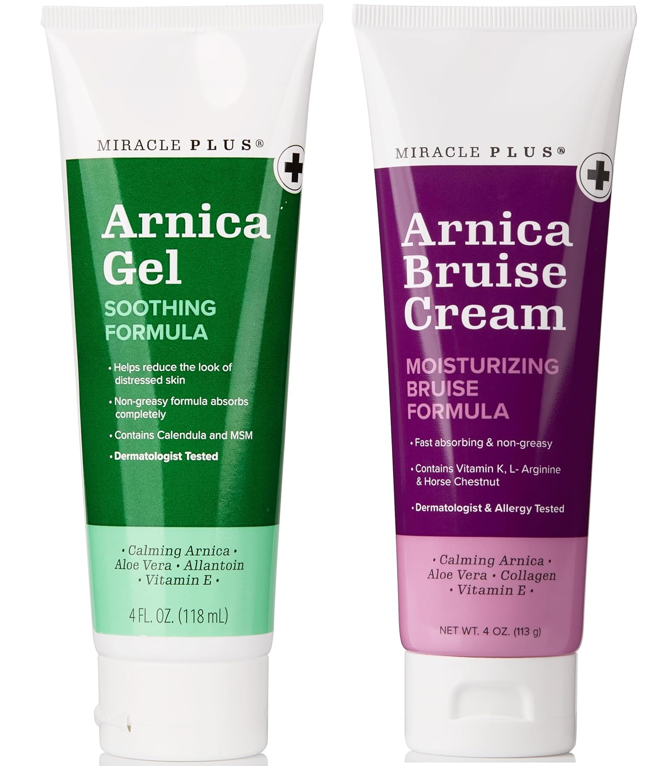 Miracle Plus Arnica Cream Bruise Relief Lotion + Arnica Bruise Gel For Bruising And Swelling On Skin | Bruise Cream Extra Strength Vitamin K Cream | Moisturizing Bruise Formula Skin Care Gel, 2pc Set