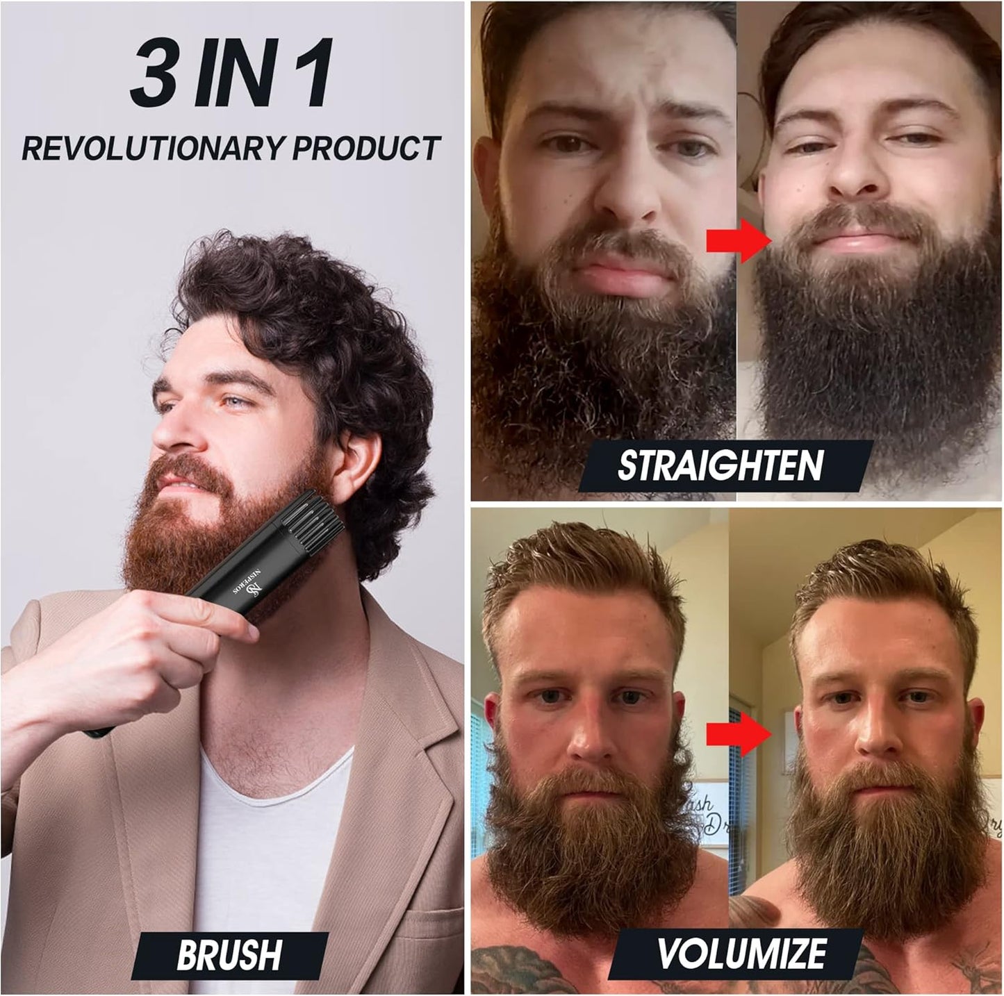 Cordless Beard Straightener, 3-in-1 Cordless Beard Straightening Comb - Brush for Men.