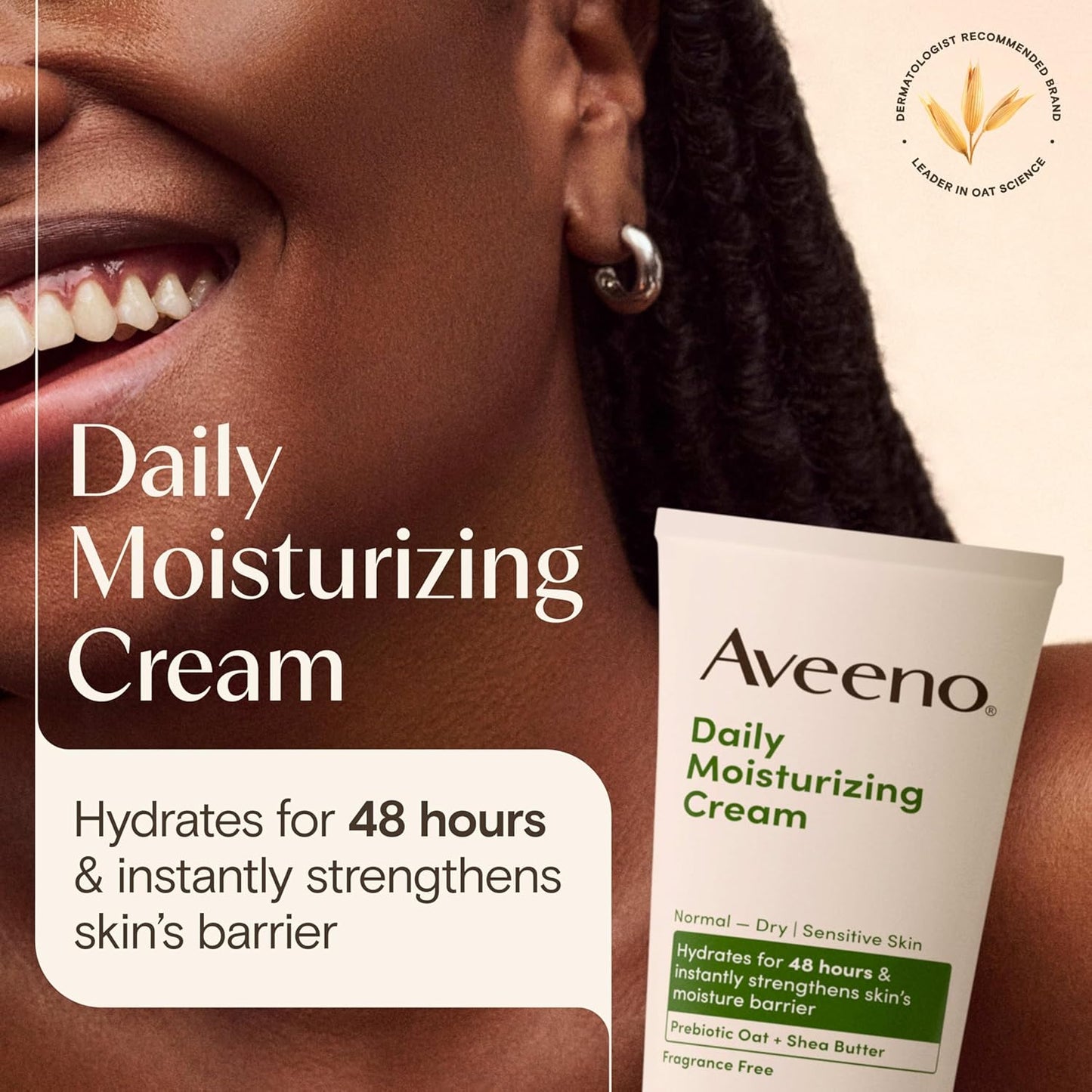 Aveeno Daily Moisturizing Cream with Prebiotic Oat & Shea Butter, Body, Face & Hand Cream for Normal to Dry, Sensitive Skin Hydrates for 48 Hours, Fragrance Free & Non-Comedogenic, 7.5 oz