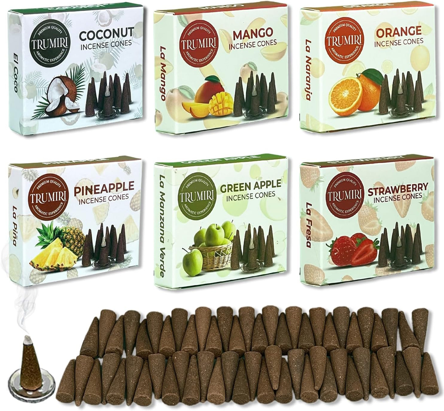 Trumiri Fruity Incense Cones - Variety Pack - Total 60 Cone Incense (6 Scents x 10 Conos) - Strawberry, Coconut, Pineapple, Apple, Mango, Orange - Cone Incense Scents - Insense Cones - Incent Cone