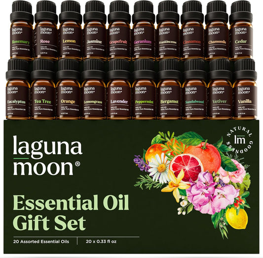 Lagunamoon Essential Oils Set, Top 20 Gift Set Oils for Diffusers, Humidifiers, Aromatherapy, Candle Making Scents, Cars & Home Products, Peppermint, Tea Tree, Lavender, Eucalyptus, Lemongrass (10mL)