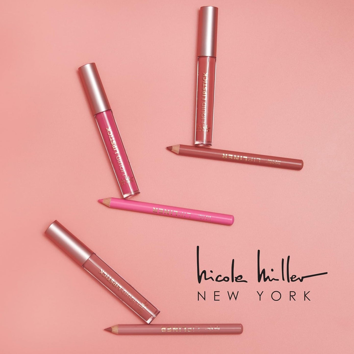 Nicole Miller Rosy Nudes Lip Collection | 6 Piece Set | 3 Luxurious Lip Liners & 3 Liquid Lip Sticks in Light Rose, Rosy Mauve, and Deep Peach