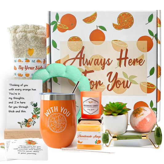 Orange-Themed Spa Gift Basket for Women - Self-Care Package, Birthday Box with Handmade Soap, Candle, Bath Bomb, Headband, and Towel