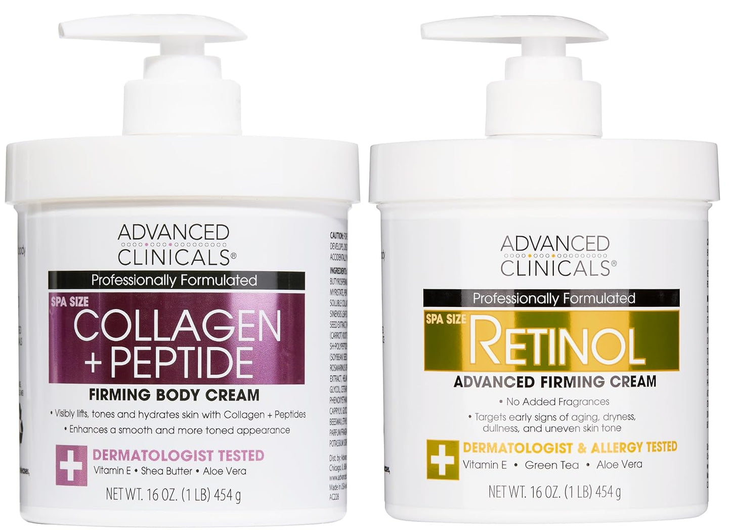 Advanced Clinicals Retinol Cream + Collagen Peptides Body Moisturizer & Face Lotion 2PC Skin Care Set | Dry Skin Body Lotion For Women & Men To Help Improve Appearance Of Crepey Skin, 2PC Bundle