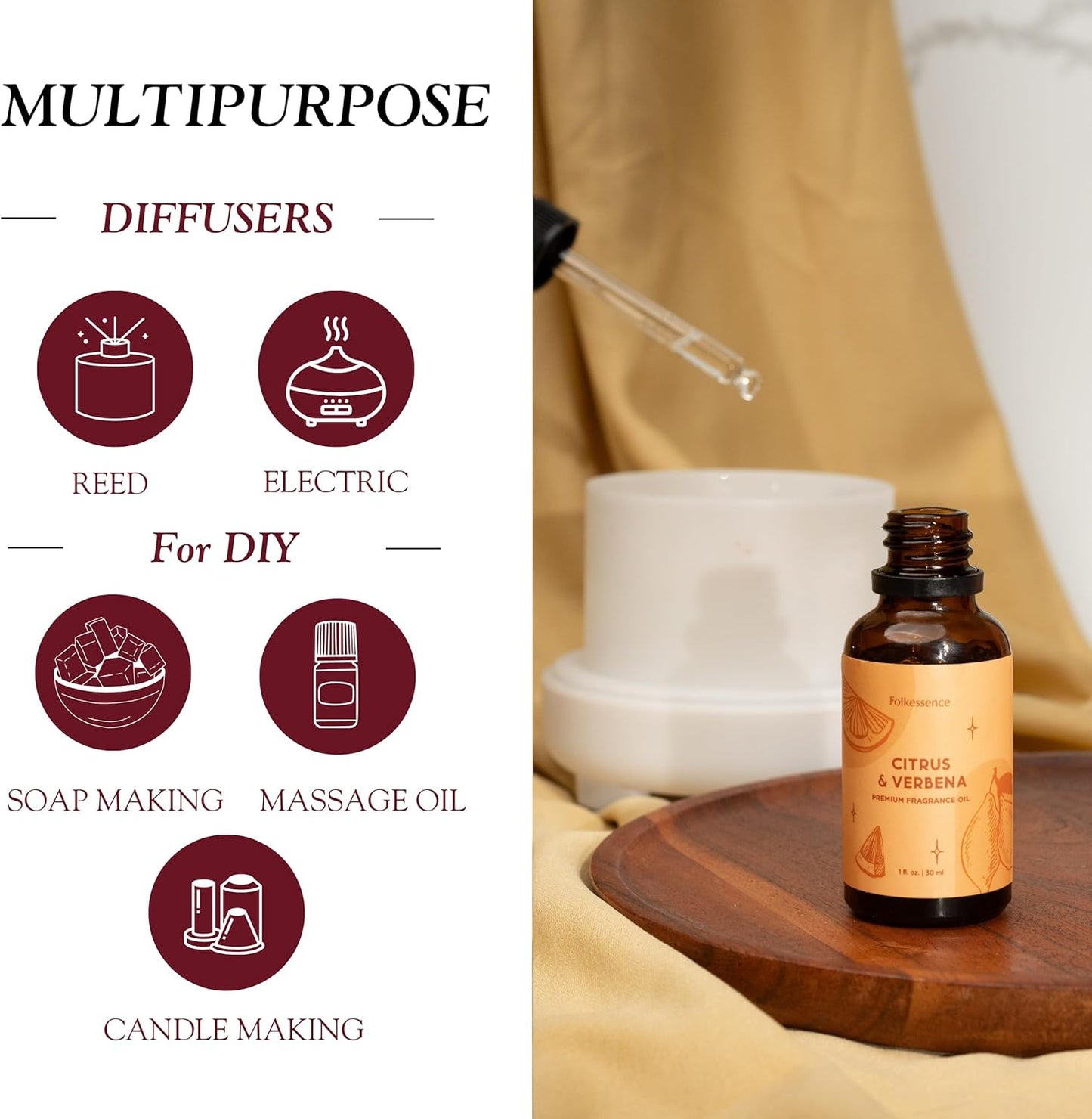 Folkulture Premium Essential Oil Blends for Diffuser for Home | 1.01 Fl Oz Citrus Essential Oils for Aromatherapy | Verbena Fragrance Oils for Soap & Candle Making Scents | Diffuser Oil for Massage