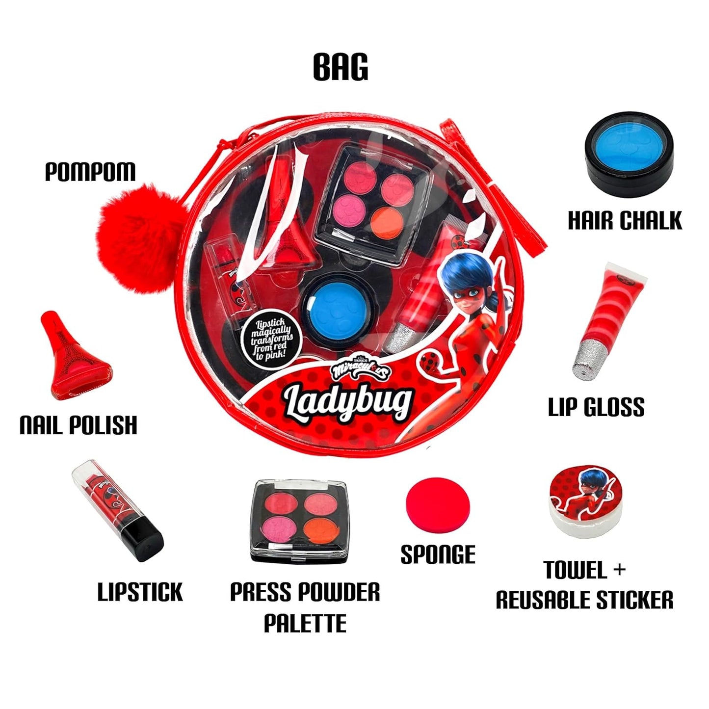 Miraculous Ladybug Kids Makeup Set - 10 Piece Bag with Nail Polish, Hair Chalk, Stickers & More - Safe, Non-Toxic Pretend Play Cosmetics - Miraculous Ladybug Themed Makeup Kit for Children