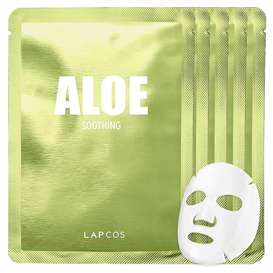 LAPCOS Aloe Sheet Mask, Daily Face Mask with Cucumber and Aloe Gel to Calm and Moisturize Skin, Korean Beauty Favorite, 5-Pack