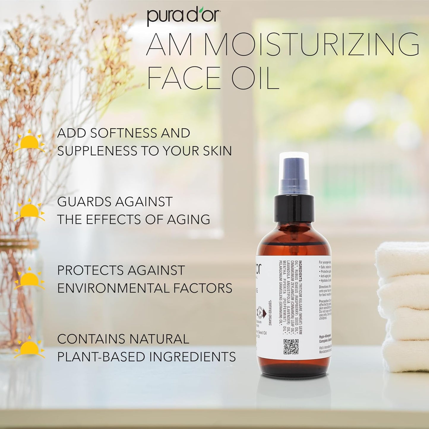 PURA D'OR 3.3 Oz ORGANIC AM Moisturizing Face Oil - Morning Glow Hydrating Skincare -Lightweight Moisturizer for Glowing Skin - All Natural, Vegan, Paraben-Free - Women & Men