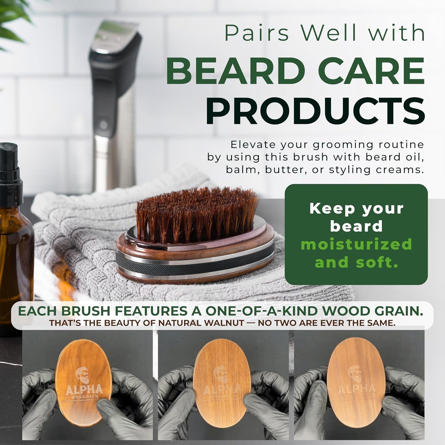 Premium Handmade 4.5" Boar Bristle Beard Brush for Men – Natural Walnut Wood & Non-Slip Rubber Grip – Men’s Grooming Brush for Short, Medium & Long Beards – Mustache & Beard Care Tool – Alpha Organics