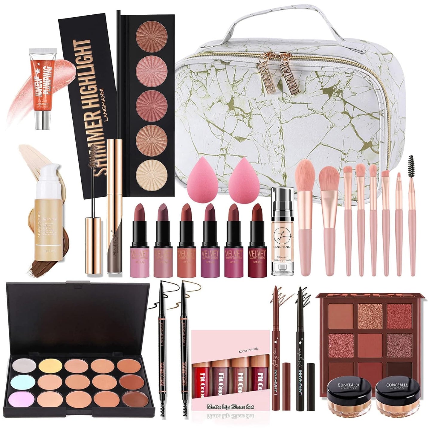All-in-one Holiday Make up Gift Set | Makeup Kit for Women Full Kit Essential Starter Bundle Include Eyeshadow Palette Lipstick Blush Foundation Concealer Face Powder Mascara Lipgloss Brush